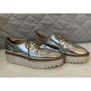 Zara Basic Shoes Metalic Silver Mirror Brogues Lace Up 40 Oxford Platform Shine